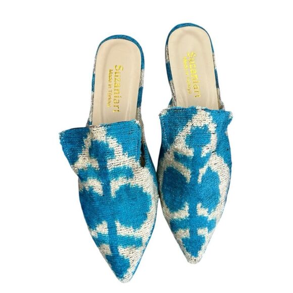 SUZANI ART Velvet Silk Leather Ikat Mule Shoes Slippers Blue EU 39 US 8.5 Turkey - Picture 3 of 6